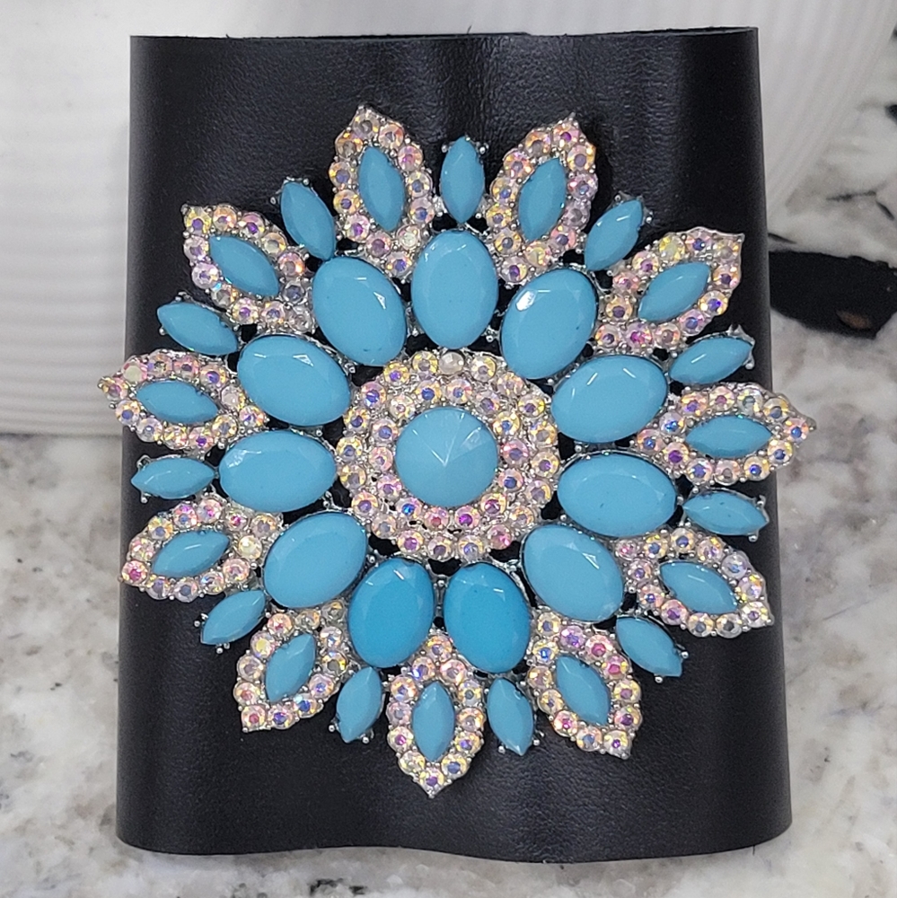 Genuine Wide Leather Snap Closure Cuff with Simulated Turquoise and CZ Concho